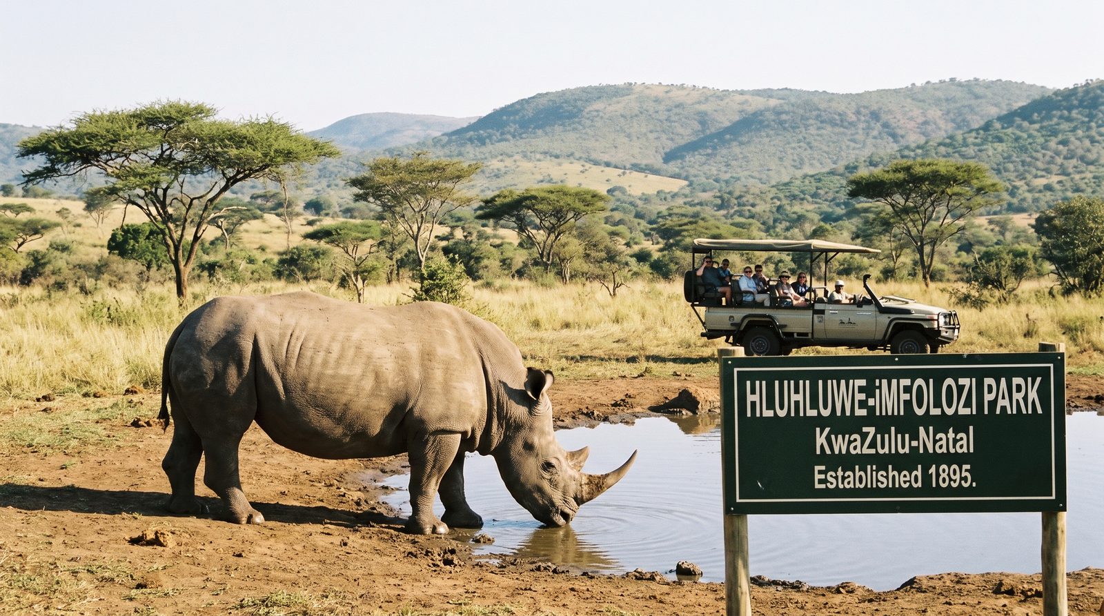 Rhino at a waterhole, Hluhluwe-iMfolozi Park