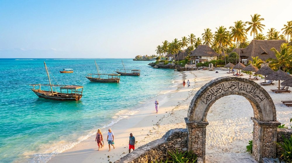 Zanzibar beach with dhow boats